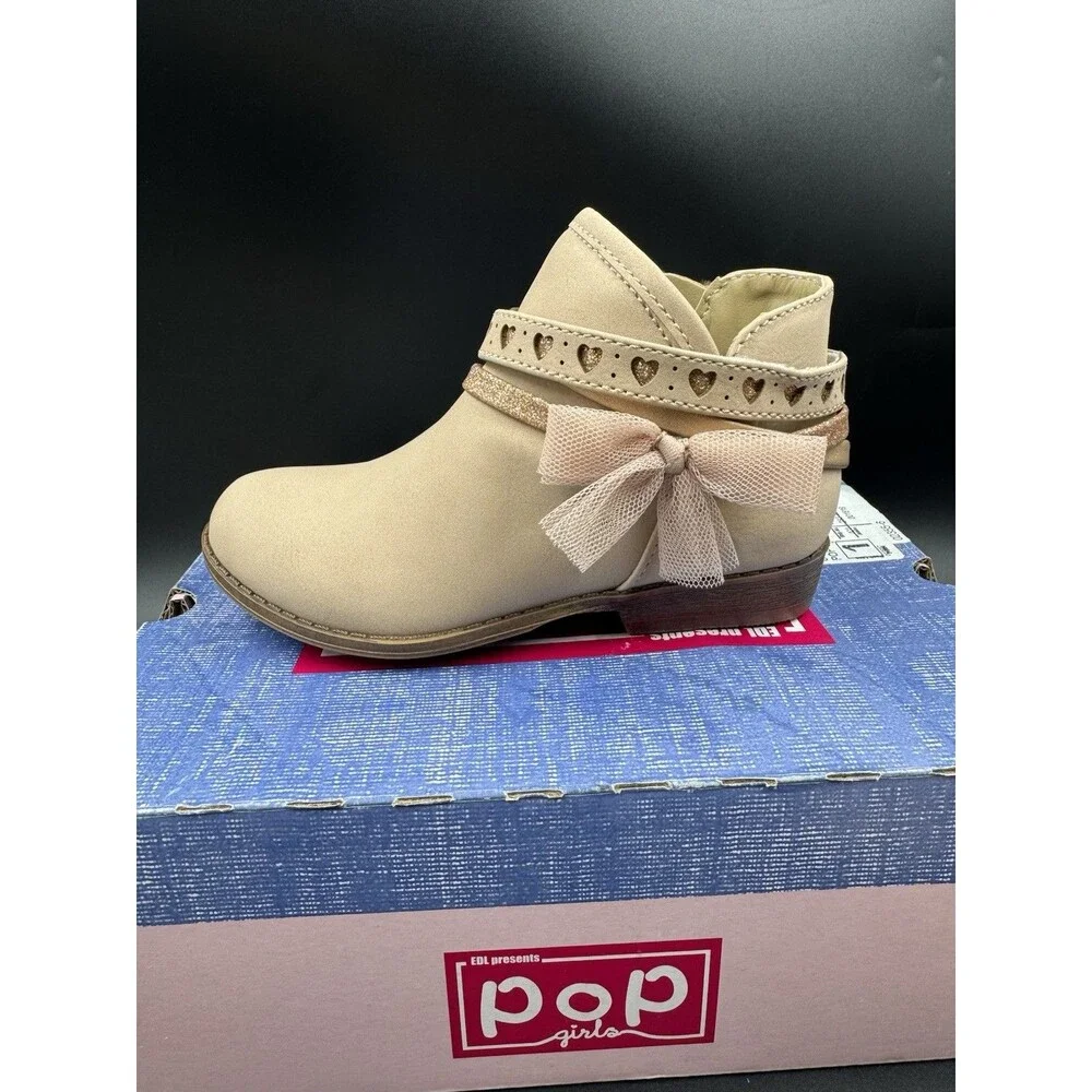 Pop Big Girls Lil Elisha Block Heel Tan Toddler Booties Size 8 M, New